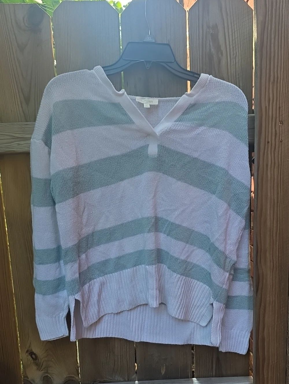 Sage Striped V-Neck Knit Sweater